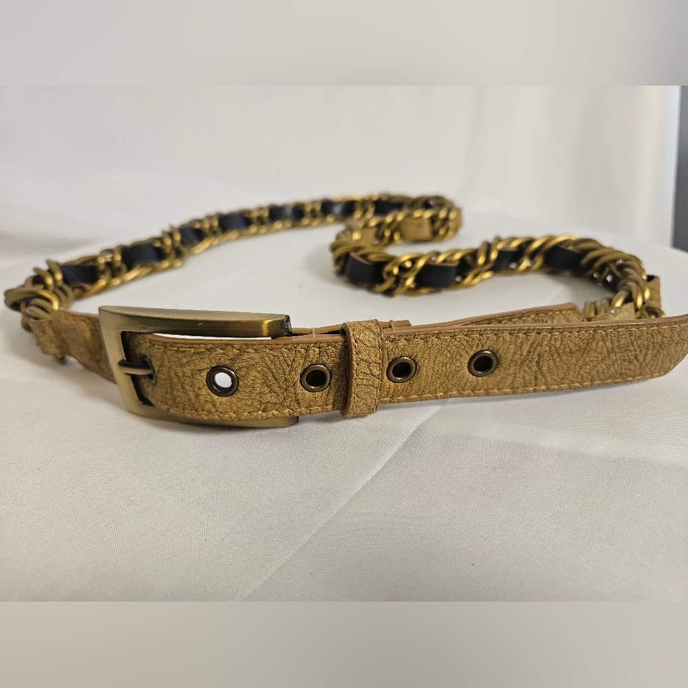Metro 7 Braided Chain Leather Belt Gold Black Tan Size XL 34–36" Boho Chic